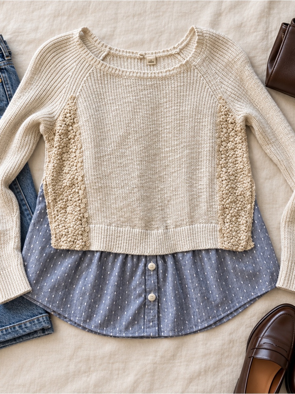 Moth White Scoop-Neck Sweater with Cream Panels and Blue Hem Shirt Detail